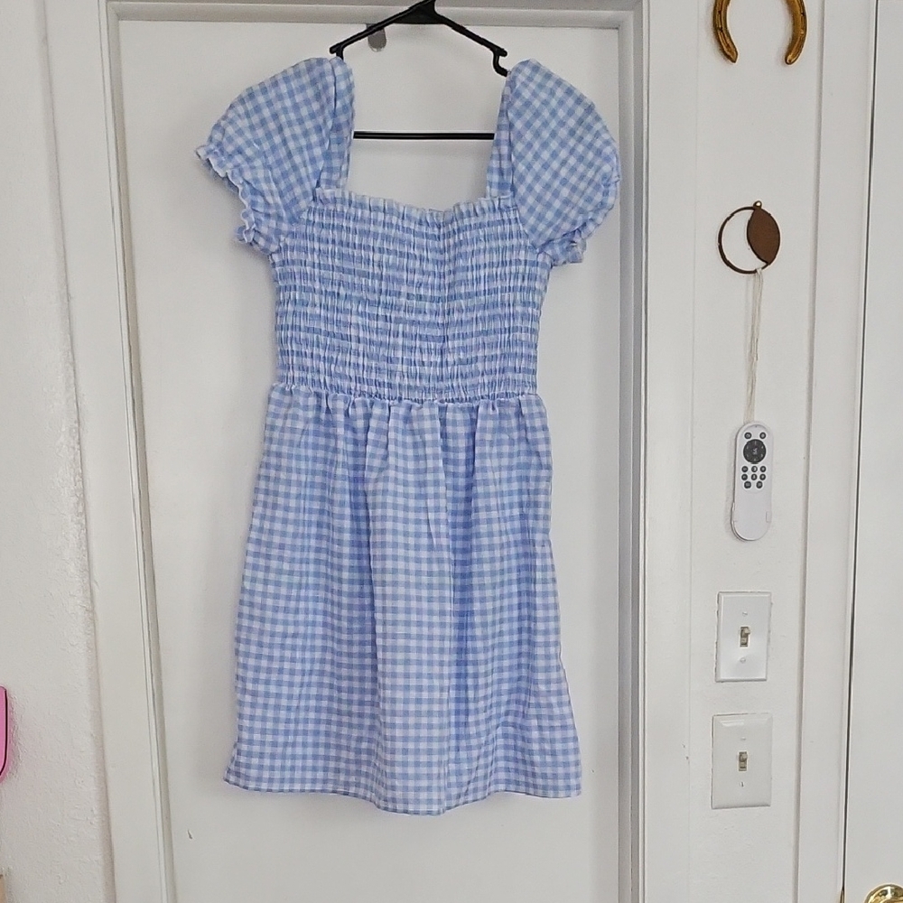 Blue and White Gingham Sundress with Puff Sleeves